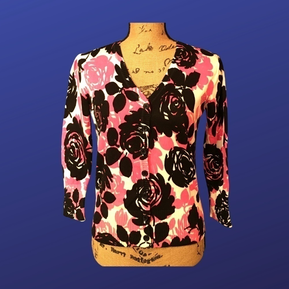 ICE Cardigan, 100% Cotton, PINK/BLACK/WHITE Floral, Women’s Size Small, NWOT